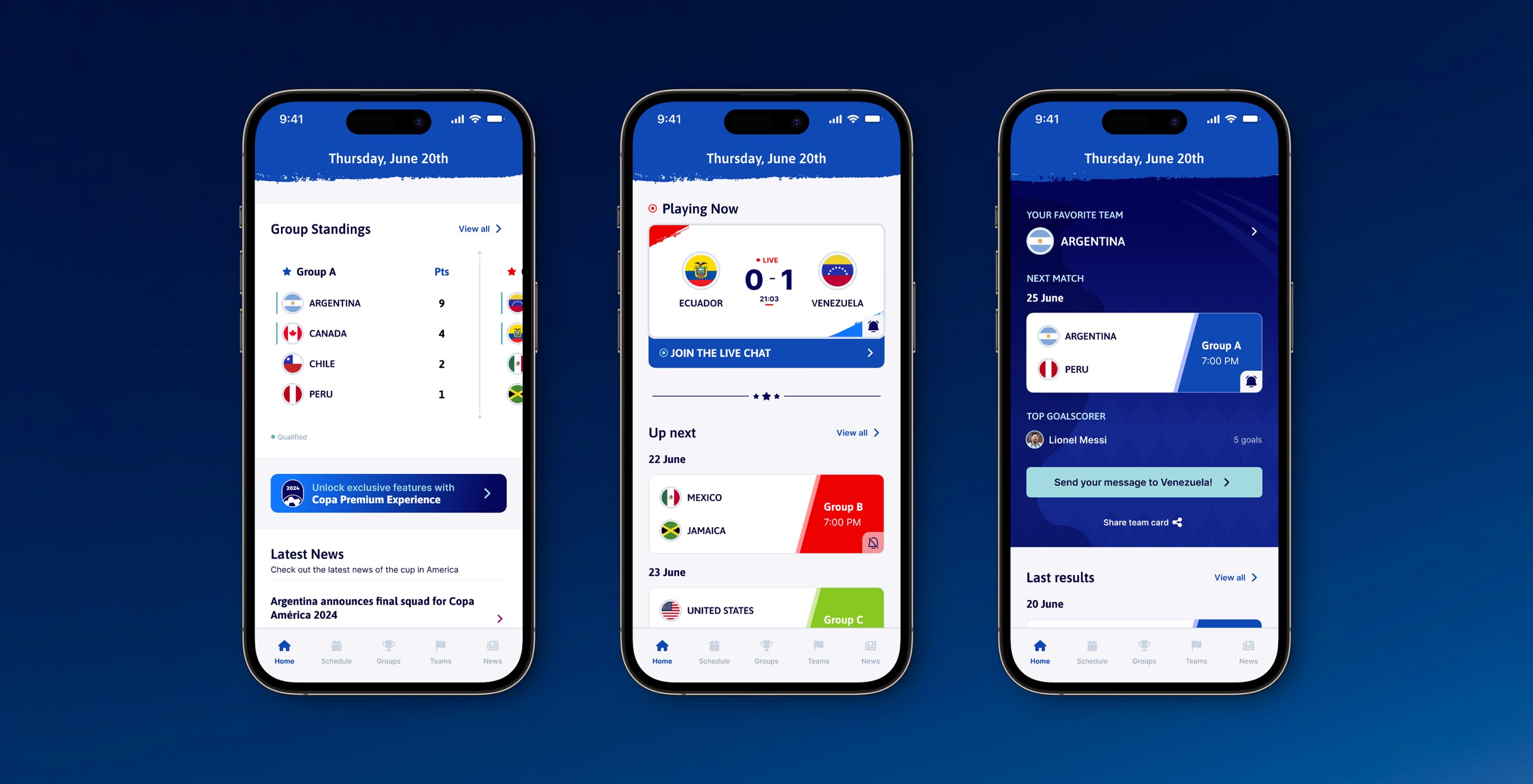 Copa America app home screen